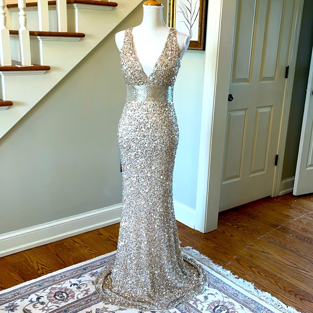 MacDuggal Bead and Sequence Gold Evening Dress